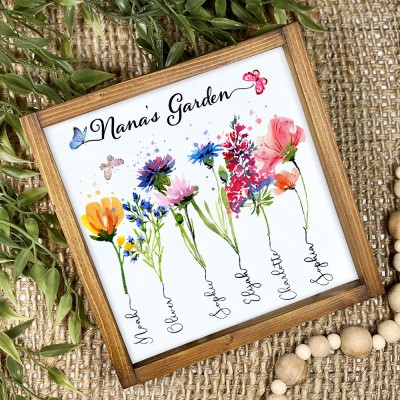 Custom Mom's Garden Birth Flower Art Print Wood Frame Thankful Gifts for Mom Grandma Mother's Day Gift Ideas