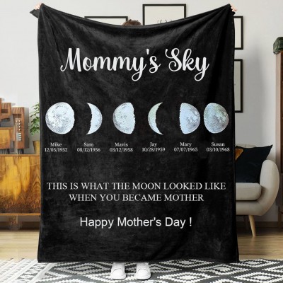 Mommy's Sky Personalized Moon Phase Blanket With Kids Names and Date Unique Gift For Mom Mother's Day Gift Ideas