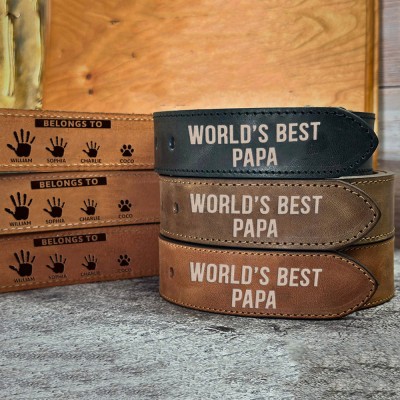 World's Best Papa Belongs To Personalized Leather Belt with Engraved Names Father's Day Gift