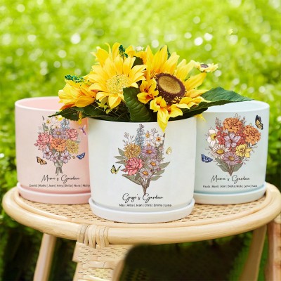 Personalized Mom's Garden Outdoor Birth Flower Bouquet Pot With Kids Names Keepsake Gifts For Mom Grandma Mother's Day Gift Idea