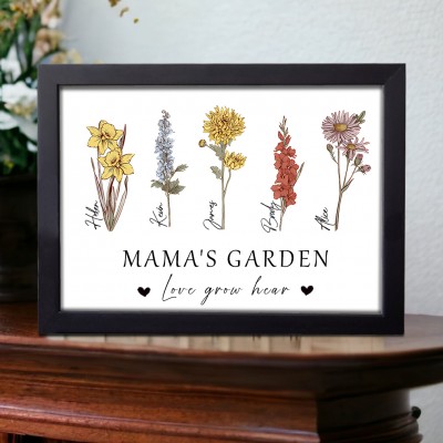 Custom Mom's Garden Art Print Birth Month Flowers Wooden Frame Sign Family Gift For Mom Grandma Mother's Day Gift