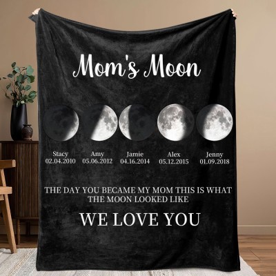 Custom Mom's Moon Moon Phase Blanket With Kids Names Unique Keepsake Gift For Mom Perfect Mother's Day Gift Ideas