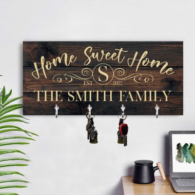 Personalized Engraved Wood Key Holder with Family Name For Wall Housewarming Gift for Couple Wedding Gift