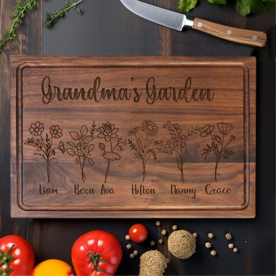 Personalized Nana's Garden Kitchen Birth Flower Cutting Board with Names Gifts for Mom Grandma