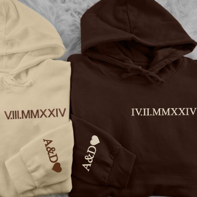 Custom Embroidered Roman Numeral Couple Hoodie Sweatshirt Anniversary Gift Ideas Love Gift For Her Him