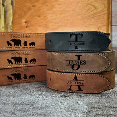 Personalized Papa Bear Leather Belt with Engraved Kids Names Father's Day Gift