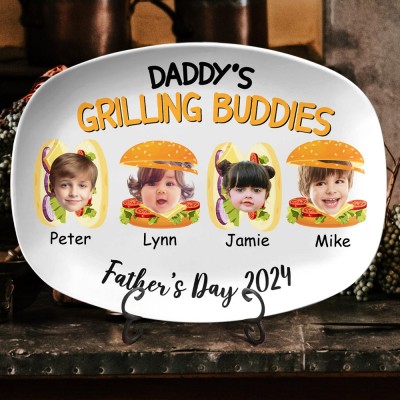 Daddy's Grilling Buddies Personalized Grilling Plate with Photo and Kids Name Funny Gifts for Dad Father's Day Gift