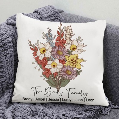 Custom Mom's Garden Birth Month Flower Bouquet Pillow With Kids Names Heartful Gifts For Mom Grandma Mother's Day Gift Ideas