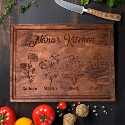 Custom Nana's Kitchen Birth Flower Cutting Board with Grandkids Names Unique Gifts for Mom Grandma