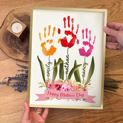 Custom Handmade DIY Handprint Wood Frame With Kids Names Mother's Day Gift Ideas