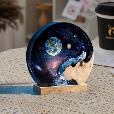 Space Astronaut Epoxy Resin Wood Lamp Handmade Night Light Christmas Gift Ideas