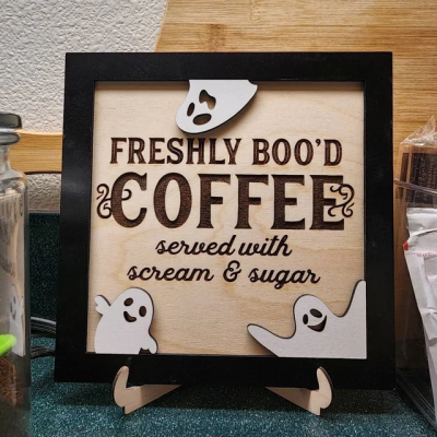 Freshly Boo'd Coffee Wood Sign Funny Halloween Home Decor