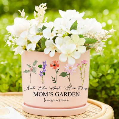 Custom Mom's Garden Birth Flower Outdoor Plant Pot with Kids Names Mother's Day Gift Ideas New Mom Gifts