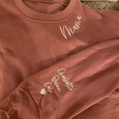 Custom Mama Embroidered Sweatshirt Hoodie with kids Names On The Sleeve Mother's Day Gift