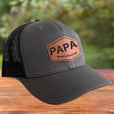 Benutzerdefinierte Pa-aw Echtleder-Patch-Hut-Snapback-Kappe mit Kindernamen, einzigartige Geschenke für Papa, neue Papa-Geschenkideen