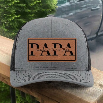 Personalisierte Papa-Mütze aus echtem Leder mit Kindernamen, einzigartiges Andenken-Geschenk für Papa