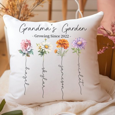 Personalized Mom's Garden Birth Flower Pillow with Kids Names