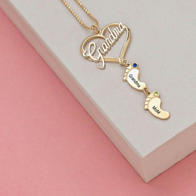 Personalized Grandma Birthstone Necklace With Engraved Names Baby Feet Pendants Family Gift For Grandma