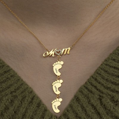 Personalized 1-10 Engraved Name Baby Feet Pendants Mom Necklace Family Gift For Mom Grandma