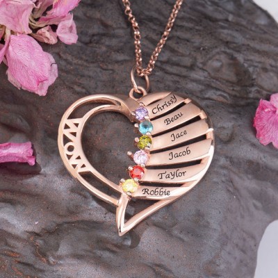 Personalized Heart Shaped Mom Birthstones Necklace With Kids Names Mother's Day Gift Ideas