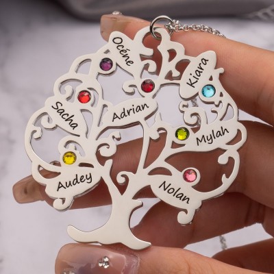 Personalized Engraved Names Family Tree Necklace With 1-15 Birthstones Unique Gifts For Mom Grandma 