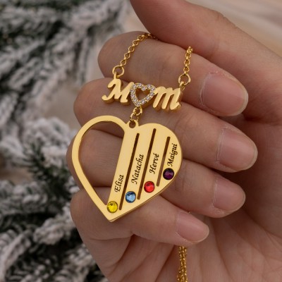 Personalized Heart Shaped Mom Necklace With Engraved Names And Birthstones Family Gifts Ideas