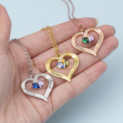 Personalized Heart Shaped Name Necklace with Birthstones Gift for Couples Anniversary Gifts