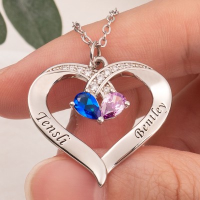 Personalized Couple Heart Name Necklace with Birthstone Design Anniversary Gifts Love Gifts for Soulmate