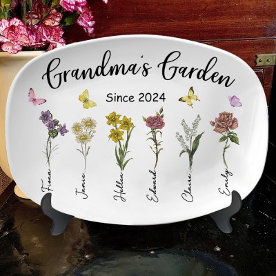 Custom Grandma's Garden Birth Flower Platter With Grandkids Names Family Keepsake Gift for Mom Grandma Mother's Day Gift